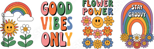 Retro good vibes flower illustration panels, rainbow smiley flowers typography posters, groovy hippie art set, positive quotes design