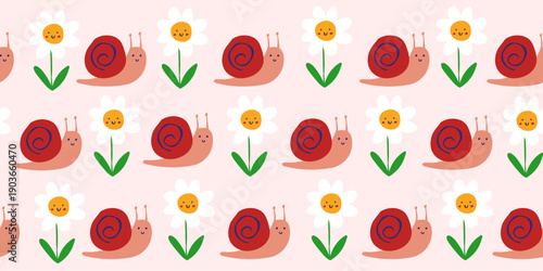 children pattern with cute snails and flowers in warm colors