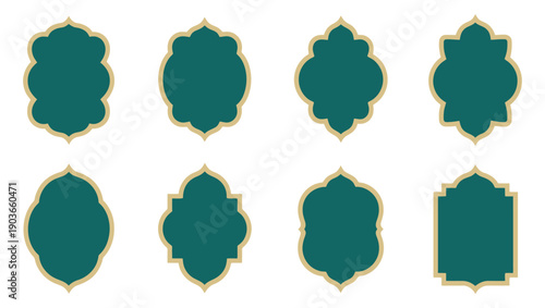A collection of ornate green and white islamic architectural window frame designs