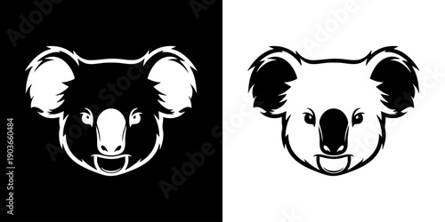 Koala face illustration in black and white, displayed side by side on a stark background