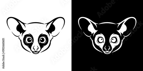 Illustration of a lemur's face viewed from the front in a split design with contrasting backgrounds