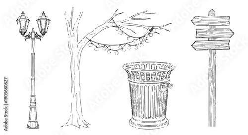 Hand-drawn sketch illustration set of street lamp, tree, trash can, and wooden signpost isolated PNG with Transparent Background