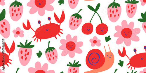 vector seamless pattern with flowers, crabs, cherries, strawberries in warm colors, chidlrens nursery pattern