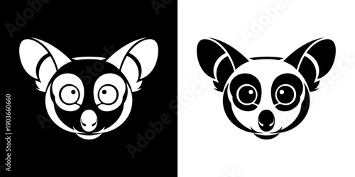 Illustration of a lemur face with large eyes and ears against a contrasting black and white background viewed from the front