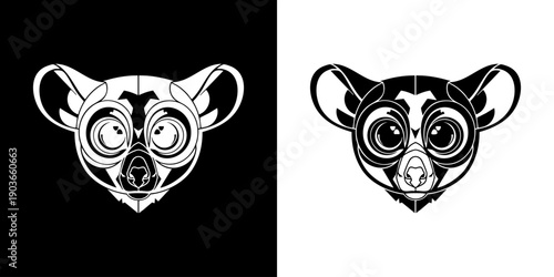 Black and white illustration of a lemur head with large eyes and ears, showcasing detailed facial features from a frontal viewpoint