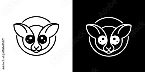 Minimalist illustration of a mouse face in a circular frame on contrasting backgrounds viewed from the front