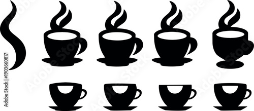 Vector illustration set of hot beverage icons including a glass of wine with a candle and coffee mugs for cafe menu design