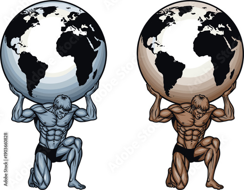 Powerful mythological titan Atlas kneeling and carrying the world globe on shoulders in stone and bronze styles for global responsibility strength and environmental leadership.