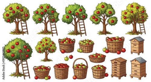 Hand drawn apple tree harvest collection with baskets, apples, and beehives isolated PNG with Transparent Background