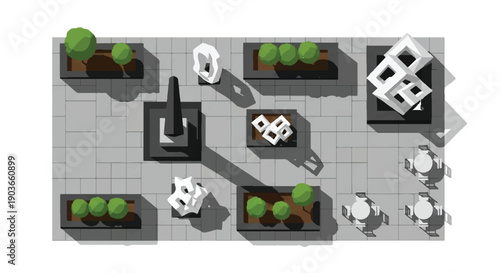 Top Down Architectural Illustration of Modern Urban Plaza Park with Trees, Sculptures, and Cafe Seating isolated PNG with Transparent Background