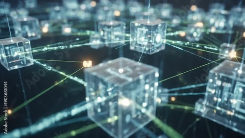 Abstract Blockchain Network with Glowing Cubes and Connected Lines Representing Data Flow and Secure Transactions.