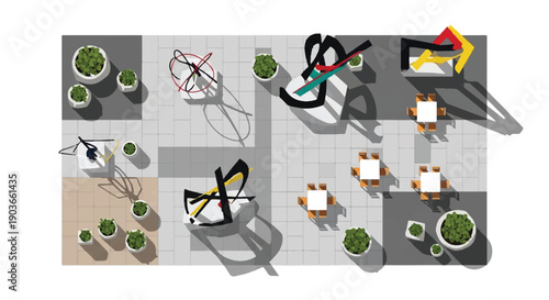Top View of Modern Outdoor Plaza with Abstract Sculptures, Tables, Chairs, and Potted Plants isolated PNG with Transparent Background
