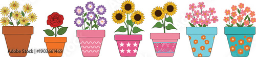 Decorative Potted Flower Collection Featuring Sunflowers, Roses, and Daisies in Hand-Painted Patterned Ceramic Pots for Home Garden Decor and Lifestyle Illustration