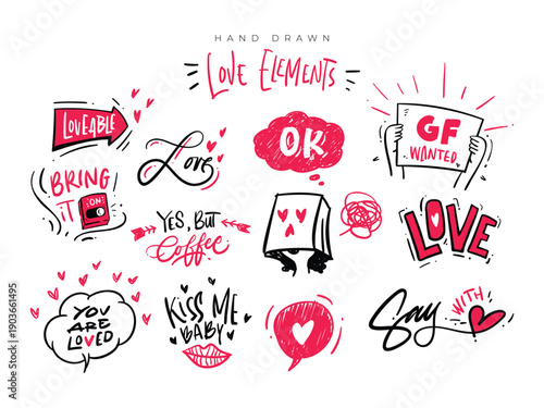Set of hand drawn love element clipart vector illustration