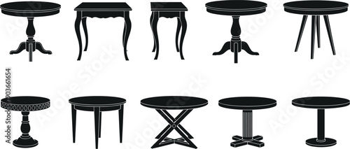 Diverse Table Silhouette Set Featuring Elegant Round Pedestals, Modern Square Coffee Tables, Classic Side Stands, and Minimalist Furniture Designs for Interior Layout Projects