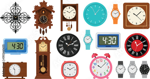 Diverse Clock and Watch Collection Featuring Vintage Grandfather Clocks, Cuckoo Clocks, Modern Digital Alarms, and Stylish Wristwatches for Home Decor Design