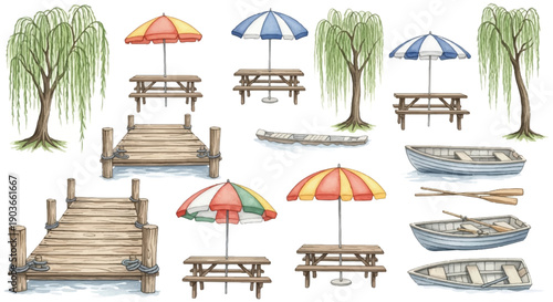 Watercolor illustration set of isolated picnic tables, umbrellas, willow trees, wooden docks, and rowboats isolated PNG with Transparent Background