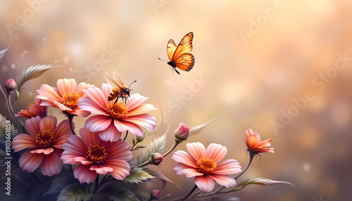 Butterfly and bee over pink flowers with pastel background and copy space