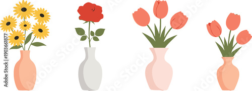 Elegant Floral Vase Set Featuring Lush Sunflowers, a Single Red Rose, and Pink Tulip Bouquets in Ceramic Containers for Home Decor and Lifestyle Design