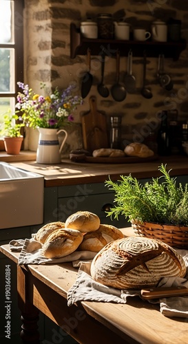 Freshly baked bread on kitchen table indoors.