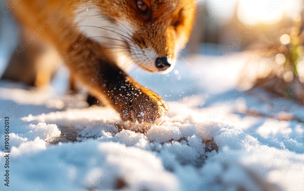 Fototapeta premium Close-Up of a Fox Pawing Through Snow in a Snowy Area