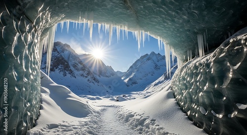 Frozen Ice Cave with Snowy Mountains Landscape.