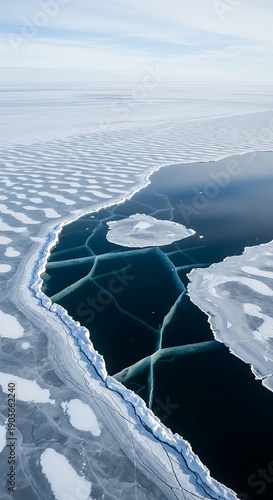 Frozen Lake with Cracked Ice Surface.
