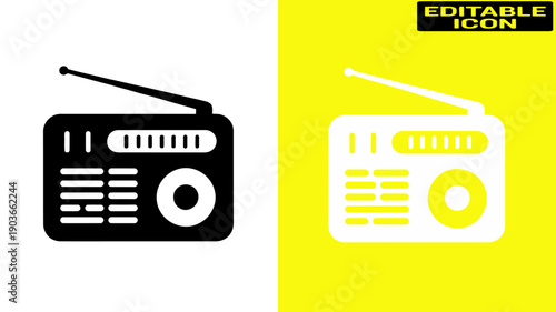 Two vintage radios with antennas on a yellow and white background. Vector, illustration