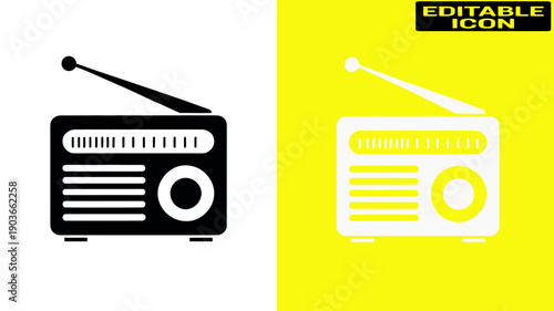 Two vintage radios with antennas on a yellow and white background. Vector, illustration