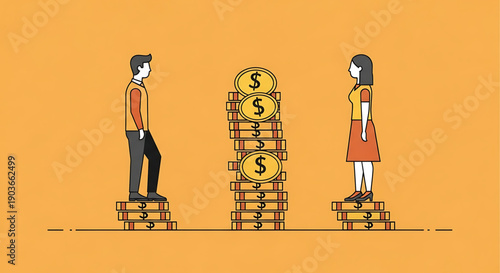 Businessman and businesswoman standing on stacks of coins with a large stack of coins and dollar signs in the middle on orange background gender equality