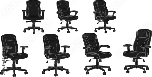 Modern Office Chair Silhouette Collection with Ergonomic Executive Seating and Adjustable Swivel Desks Chairs for Workplace Design and Corporate Interior Infographics
