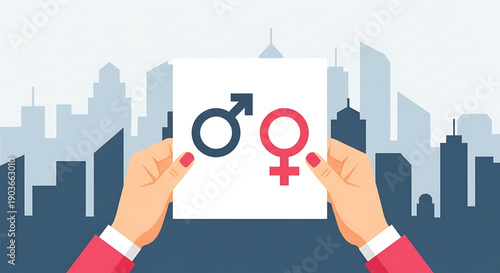 Hands holding a paper with male and female symbols in front of a city skyline gender equality