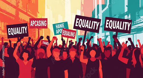 Diverse crowd of people holding signs advocating for equality and social justice in a vibrant cityscape with a mix of colorful backgrounds and silhouetted figures gender equality