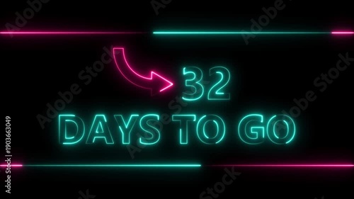 Neon bright text 32 day inside a horizontal banner colorful animation. Display day 32 text animation, calendar counter concept.
