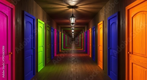 Colorful hallway with infinite doors perspective