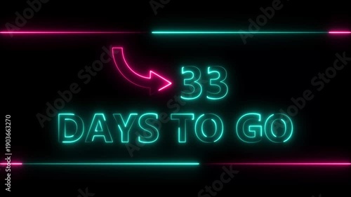 Neon bright text 33 day inside a horizontal banner colorful animation. Display day 33 text animation, calendar counter concept.