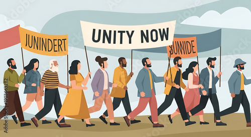Diverse group of people marching together holding signs that read unity now and worldwide in a colorful illustration gender equality