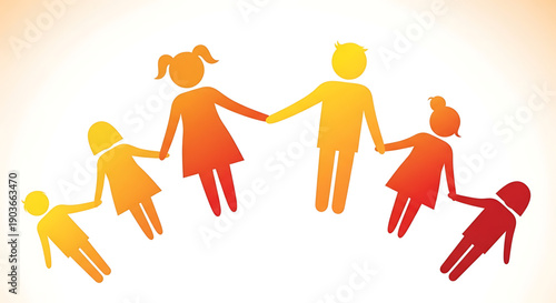 A colorful illustration of a family holding hands in a circular formation on a gender equality