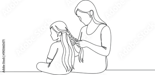 Mother braids daughter's hair, loving one line drawing illustration