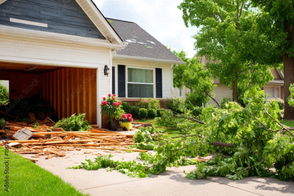 Fototapeta premium Devastating Aftermath of Storm: Uprooted Trees and Collapsed Garage Scene