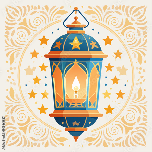 Ramadan lantern glowing brightly with stars and decorative border, celebrating Islamic traditions