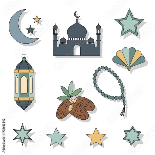 Set of Islamic cultural symbols including mosque, crescent moon, stars, dates, prayer beads, and lantern