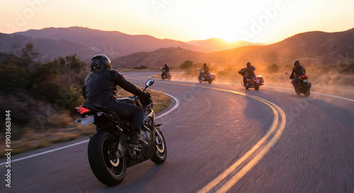 Group of bikers riding motorcycles on winding mountain road at sunset, freedom and motorcycle club travel