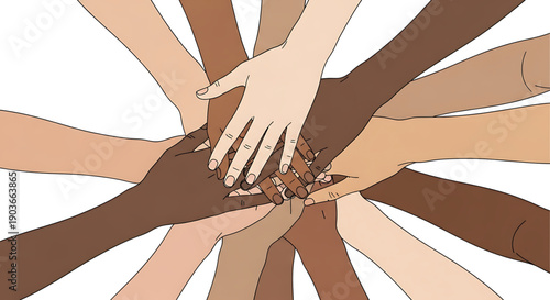 Diverse hands stacked together in unity and solidarity on gender equality
