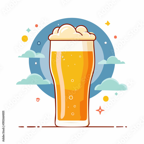 Vibrant Cartoon Glass of Golden Beer with Creamy Foam, Surrounded by Whimsical Clouds and Sparkling Elements
