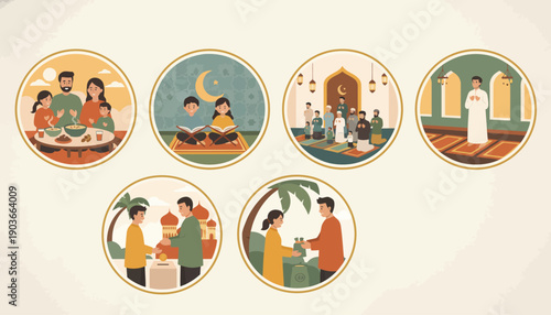 Islamic Practices Vector Illustration Set – Ramadan Iftar, Quran Reading, Mosque Worship, Zakat Charity, Prayer, Crescent Moon, Faith, Community, Spiritual Heritage, Festive Art, Cultural Design