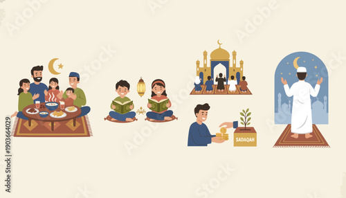 Islamic Practices Vector Illustration Set – Ramadan Iftar, Quran Reading, Mosque Worship, Zakat Charity, Prayer, Crescent Moon, Faith, Community, Spiritual Heritage, Festive Art, Cultural Design