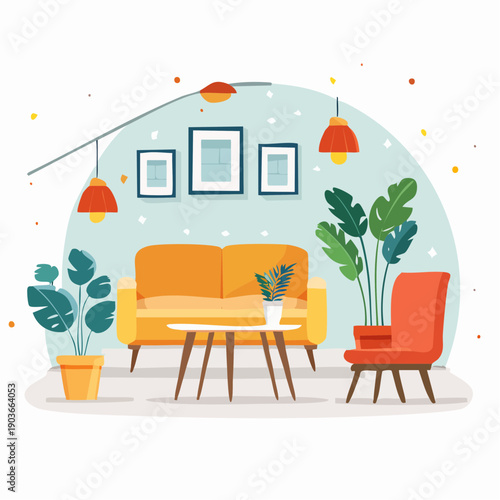 Cozy and stylish living room with plants and modern furniture illustration
