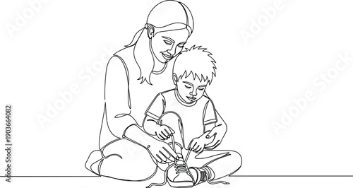 Mother helps son tie shoelaces, caring one line drawing illustration