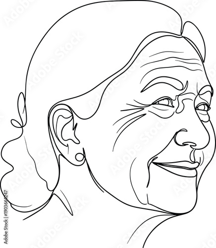 Portrait of a smiling elderly woman, gentle one line drawing